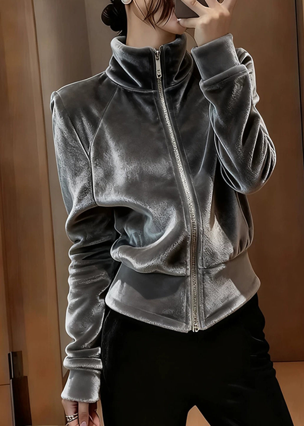 Modern Grey Stand Collar Zippered Silk Velvet Coat Spring