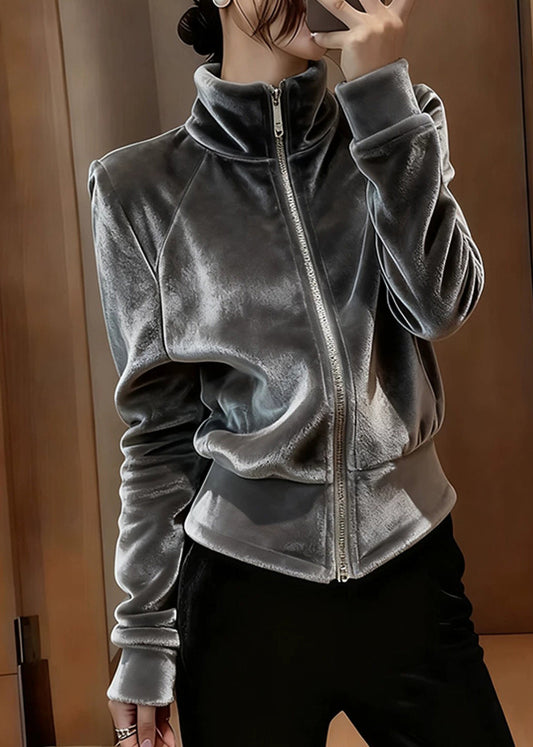 Modern Grey Stand Collar Zippered Silk Velvet Coat Spring