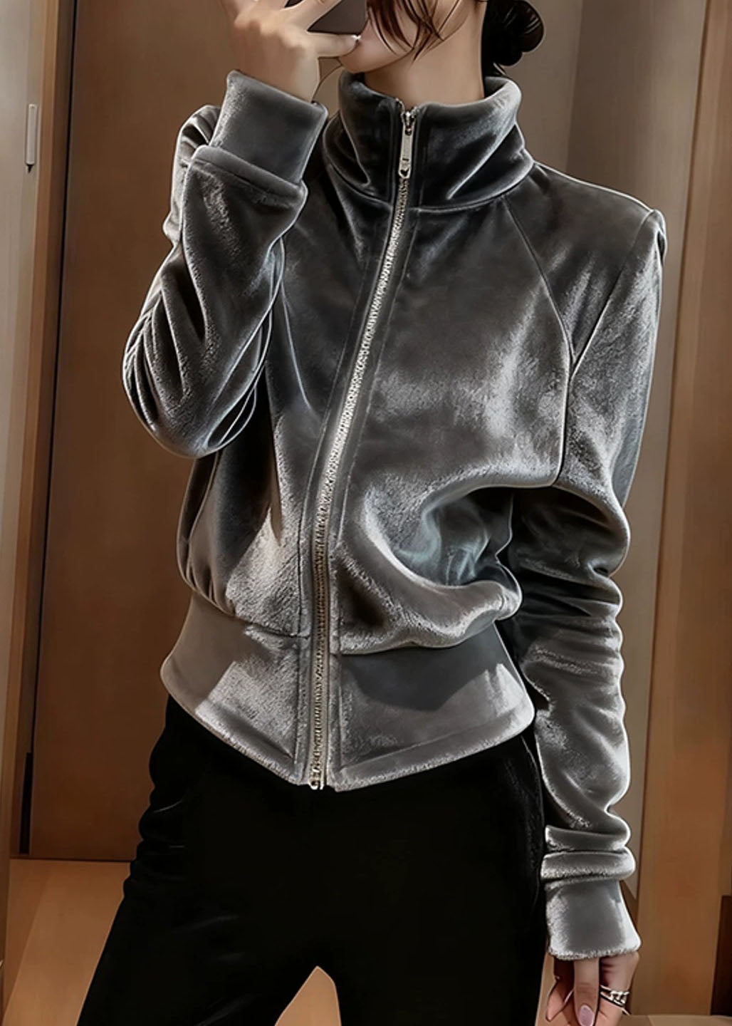 Modern Grey Stand Collar Zippered Silk Velvet Coat Spring