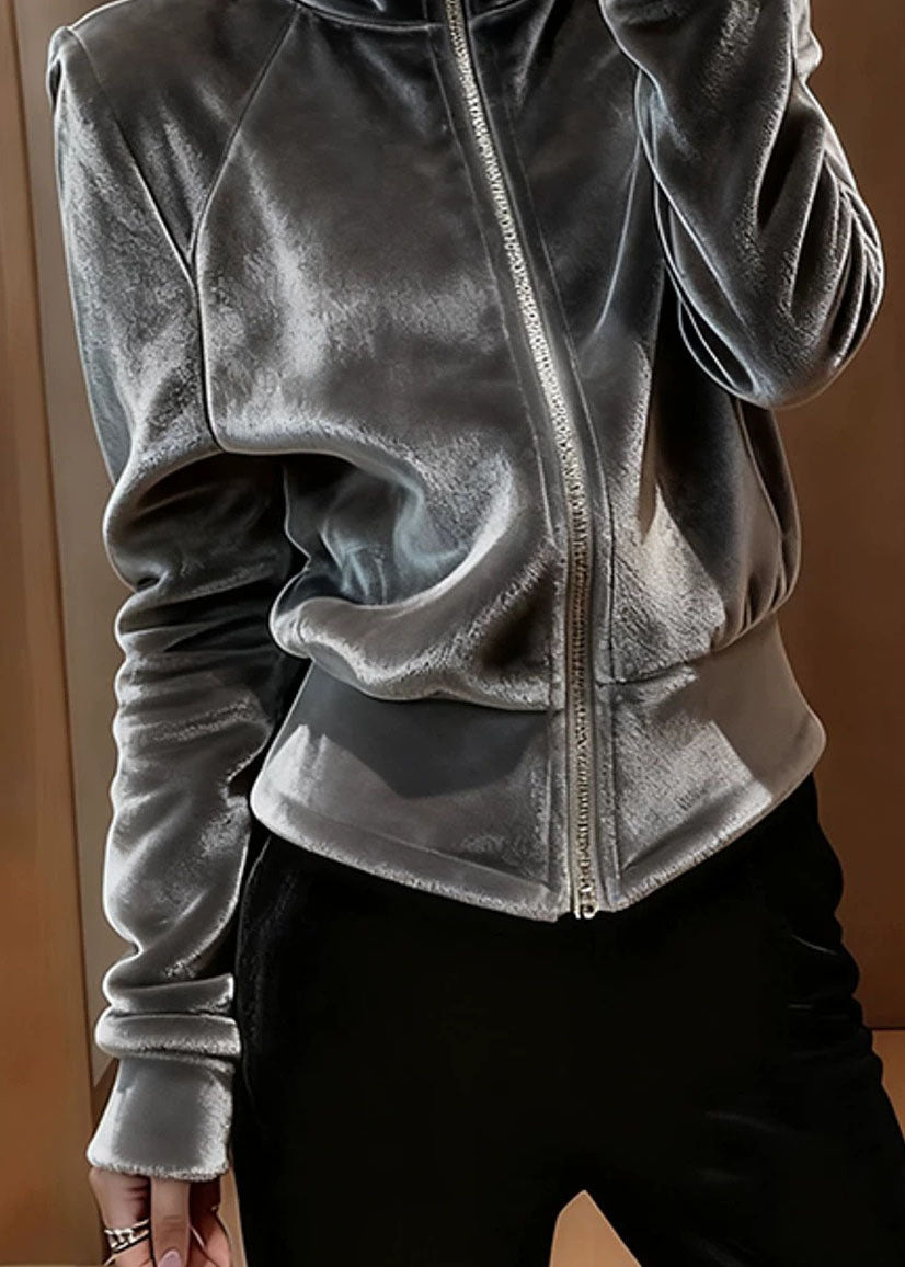 Modern Grey Stand Collar Zippered Silk Velvet Coat Spring