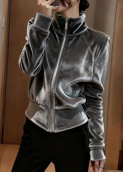 Modern Grey Stand Collar Zippered Silk Velvet Coat Spring