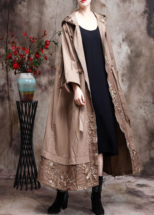 Modern Hooded Plus Size Coat For Woman Khaki Embroidery Trench Coat - SooLinen