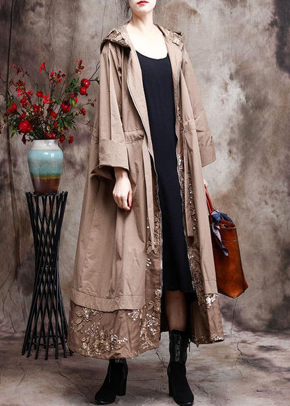Modern Hooded Plus Size Coat For Woman Khaki Embroidery Trench Coat - SooLinen