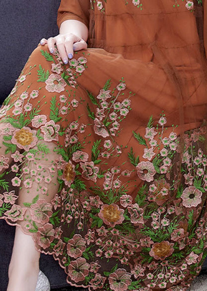 Moderne Khaki bestickte Patchwork Maxikleider Frühling