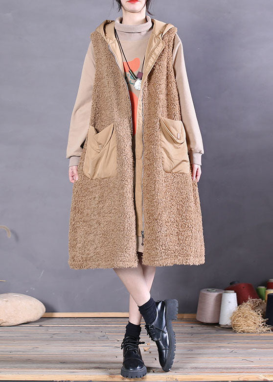 Modern Khaki Hooded Pockets Faux Fur Tank Tops Sleeveless