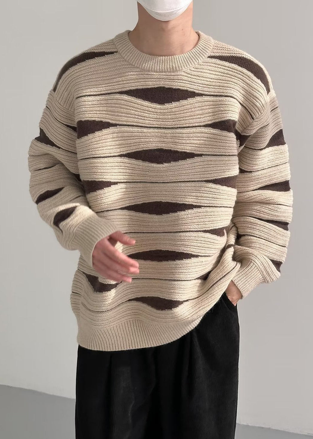 Modern Khaki O Neck Cozy Patchwork Knit Mens Sweaters Winter