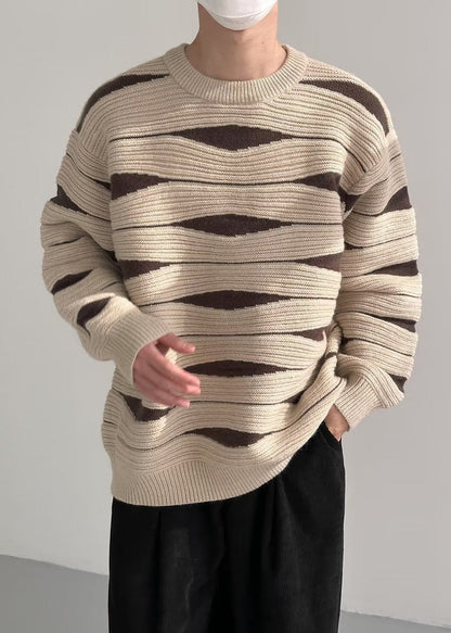 Modern Khaki O Neck Cozy Patchwork Knit Mens Sweaters Winter
