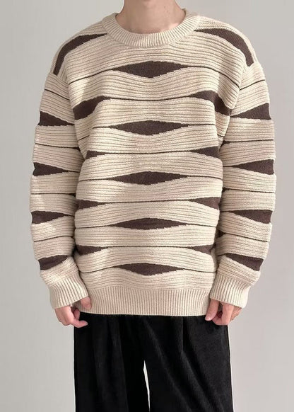 Modern Khaki O Neck Cozy Patchwork Knit Mens Sweaters Winter