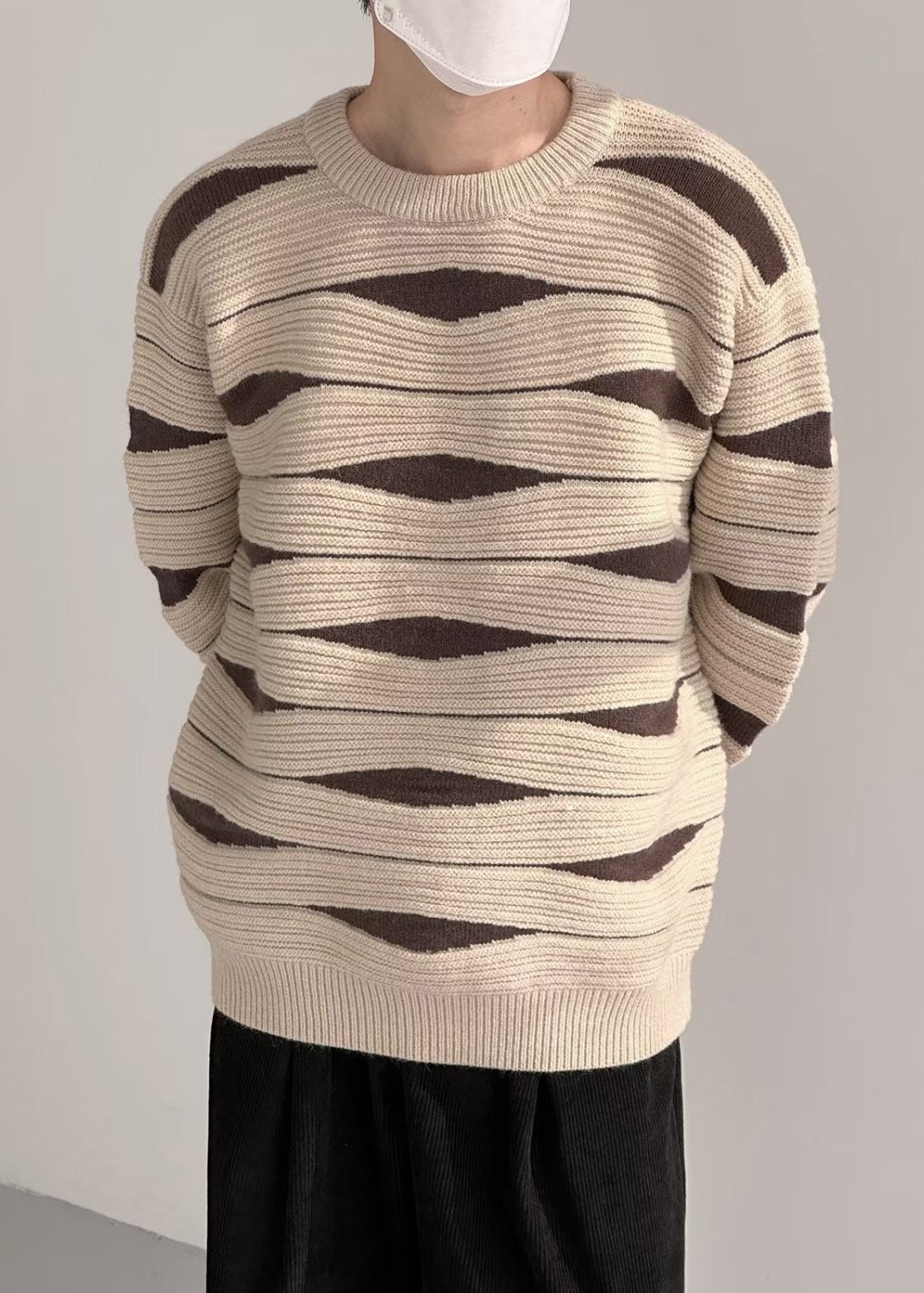 Modern Khaki O Neck Cozy Patchwork Knit Mens Sweaters Winter