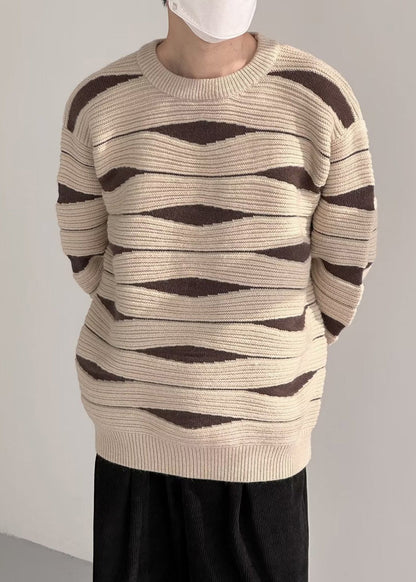 Modern Khaki O Neck Cozy Patchwork Knit Mens Sweaters Winter