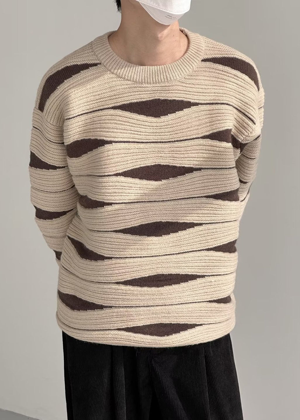 Modern Khaki O Neck Cozy Patchwork Knit Mens Sweaters Winter