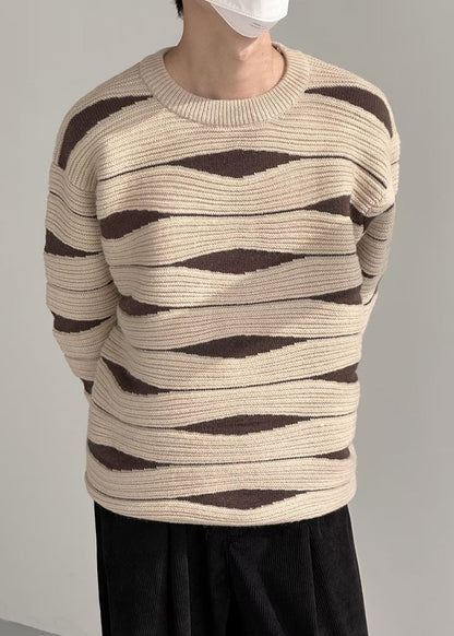 Modern Khaki O Neck Cozy Patchwork Knit Mens Sweaters Winter