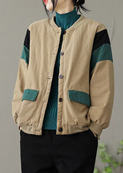 Moderne Khaki O-Ausschnitt Taschen Patchwork Feine Baumwolle gefüllt Jacke Frühling