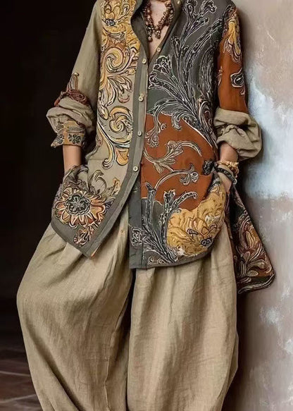 Modern Khaki Peter Pan Collar Oversized Print Cotton Two Pieces Set Long Sleeve