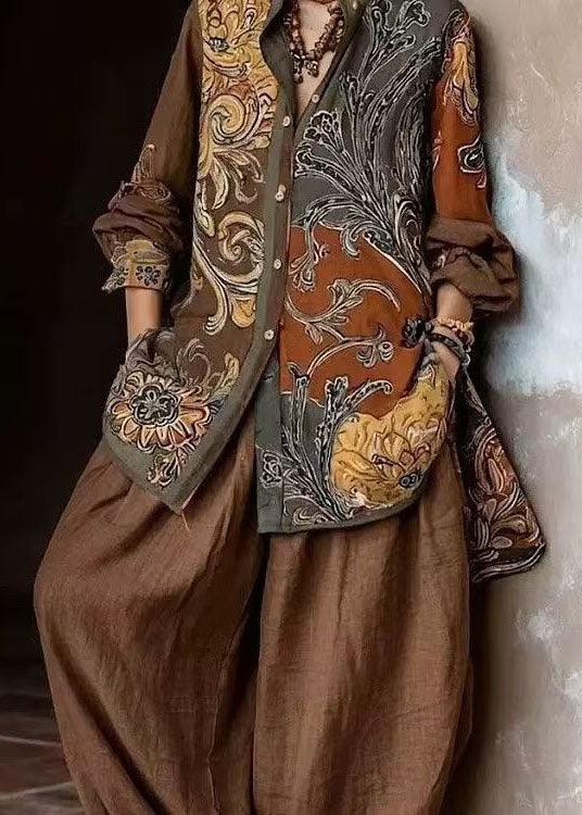 Modern Khaki Peter Pan Collar Oversized Print Cotton Two Pieces Set Long Sleeve