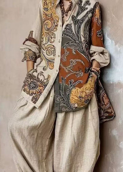 Modern Khaki Peter Pan Collar Oversized Print Cotton Two Pieces Set Long Sleeve