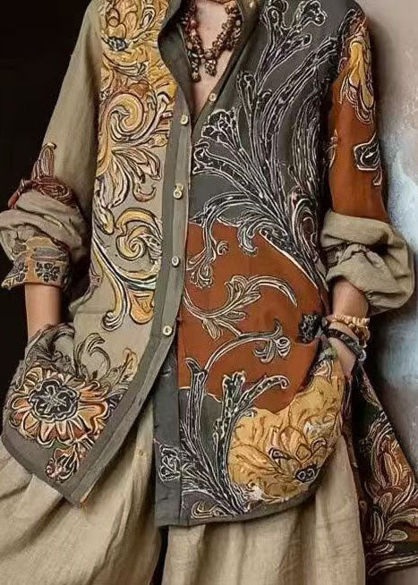 Modern Khaki Peter Pan Collar Oversized Print Cotton Two Pieces Set Long Sleeve