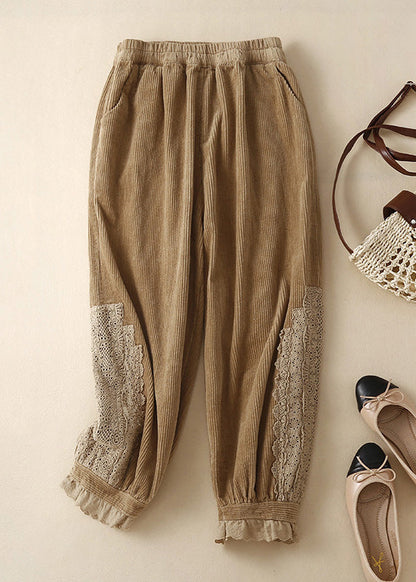 Moderne Khaki Taschen Spitze Patchwork Elastische Taille Cordhose Sommer