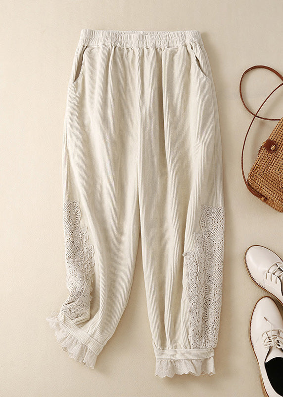 Moderne Khaki Taschen Spitze Patchwork Elastische Taille Cordhose Sommer