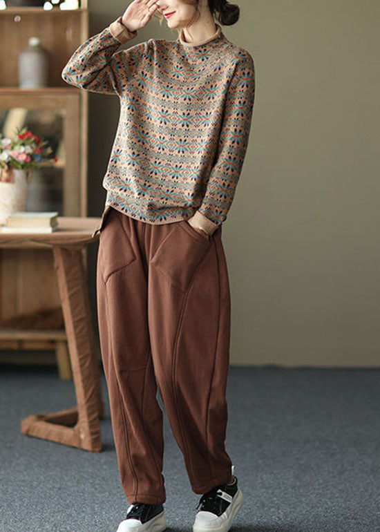 Moderne Khaki Rollkragen Print Strickoberteile Langarm