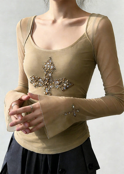 Modern Khaki U Neck Crucifix Cotton Blouses Flare Sleeve