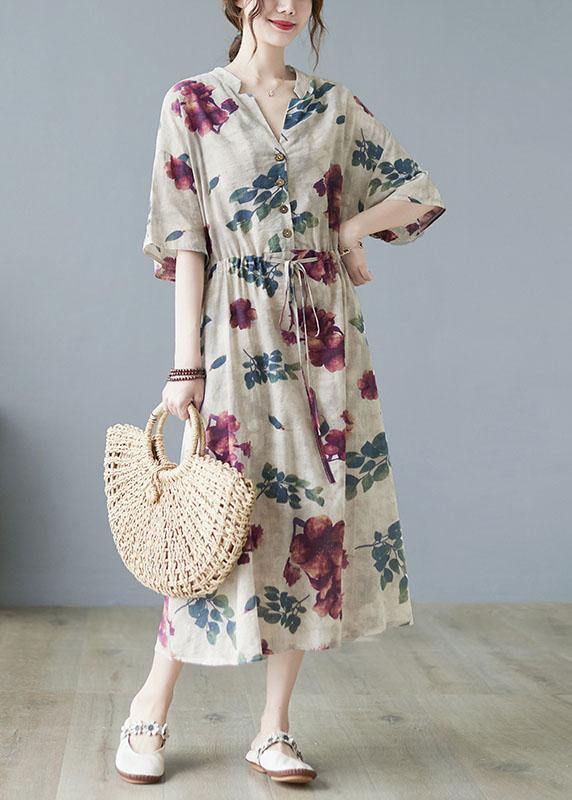 Modern Khaki V Neck Button Summer Tie Waist Party Dresses Half Sleeve - SooLinen