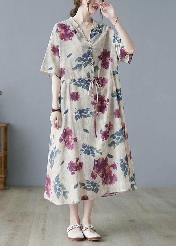 Modern Khaki V Neck Button Summer Tie Waist Party Dresses Half Sleeve - SooLinen