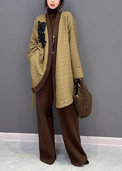 Modernes Khaki V-Ausschnitt Taillenbund Baumwolle gefülltes zweiteiliges Set Winter