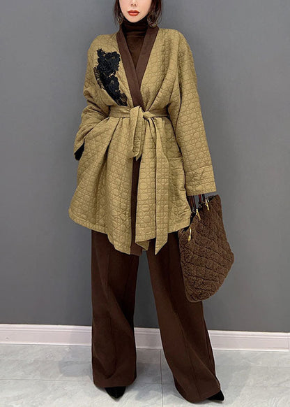 Modernes Khaki V-Ausschnitt Taillenbund Baumwolle gefülltes zweiteiliges Set Winter