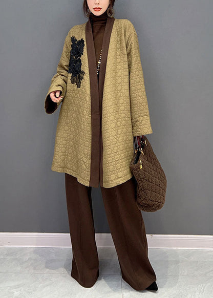 Modernes Khaki V-Ausschnitt Taillenbund Baumwolle gefülltes zweiteiliges Set Winter