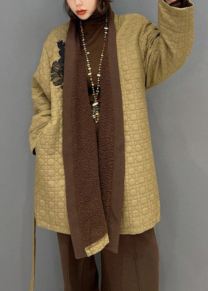 Modernes Khaki V-Ausschnitt Taillenbund Baumwolle gefülltes zweiteiliges Set Winter