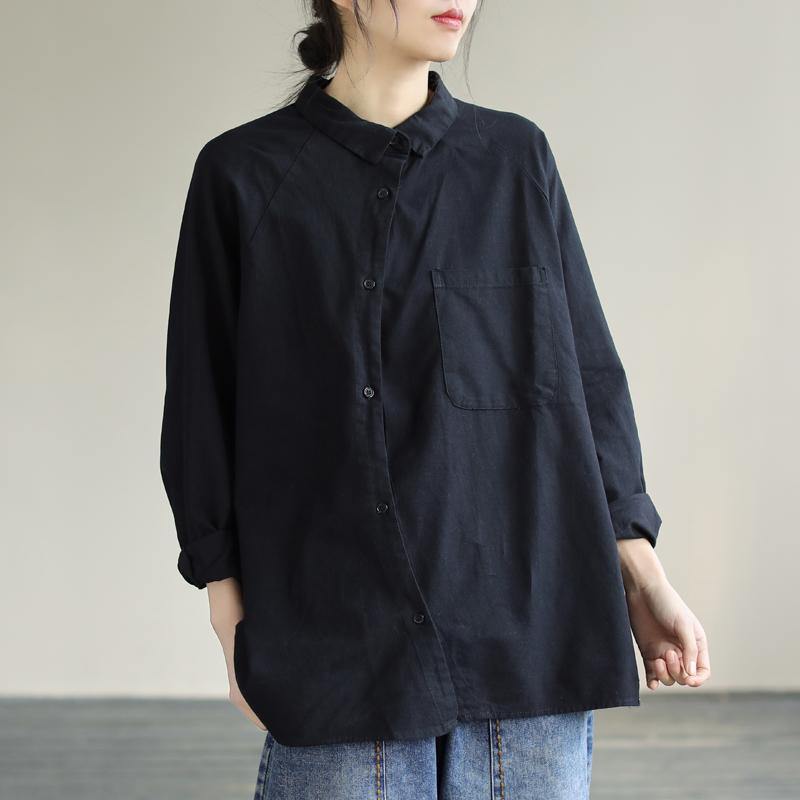 Modern Lapel Pockets Spring Clothes Pattern Black Blouses - SooLinen