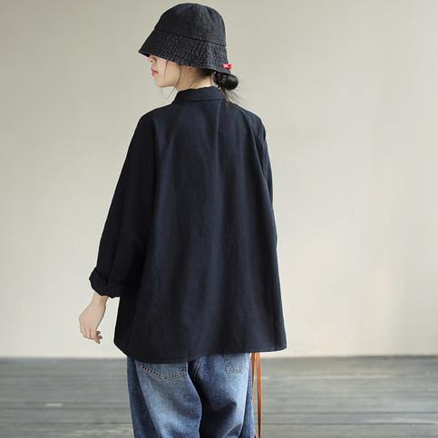 Modern Lapel Pockets Spring Clothes Pattern Black Blouses - SooLinen