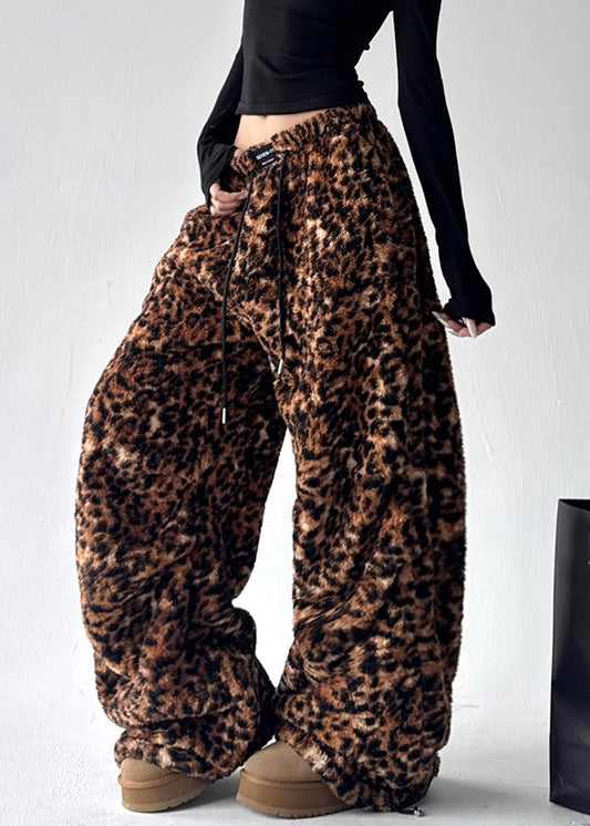 Modern Leopard Drawstring Pockets Elastic Waist Fluffy Pants Winter