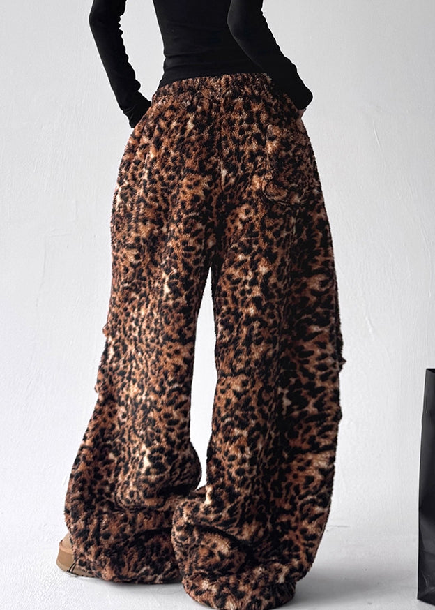 Modern Leopard Drawstring Pockets Elastic Waist Fluffy Pants Winter