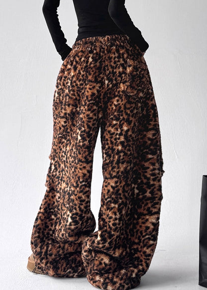 Modern Leopard Drawstring Pockets Elastic Waist Fluffy Pants Winter