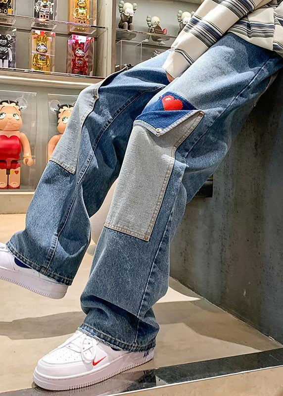 Modern Light Blue Love Patchwork Denim Men Pants Spring