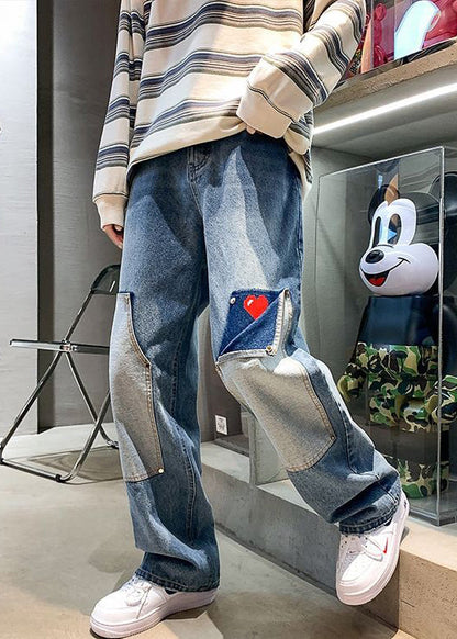 Modern Light Blue Love Patchwork Denim Men Pants Spring