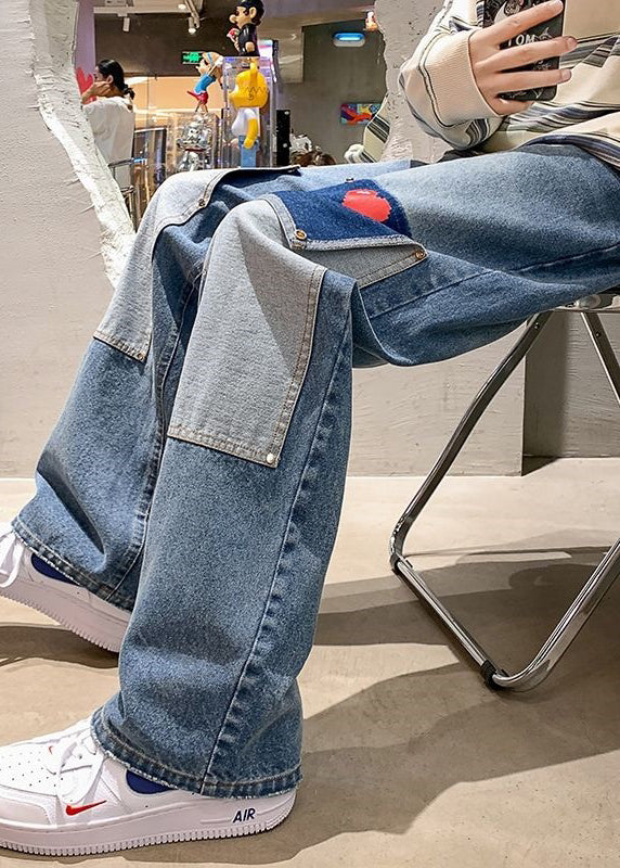 Modern Light Blue Love Patchwork Denim Men Pants Spring