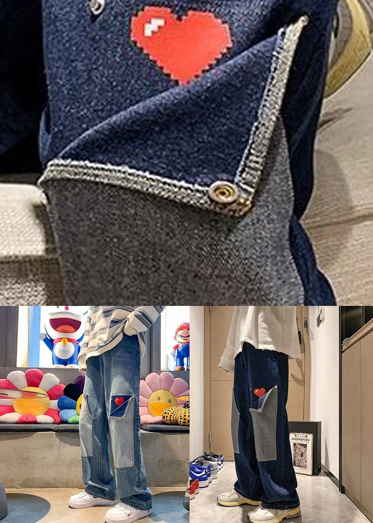 Modern Light Blue Love Patchwork Denim Men Pants Spring