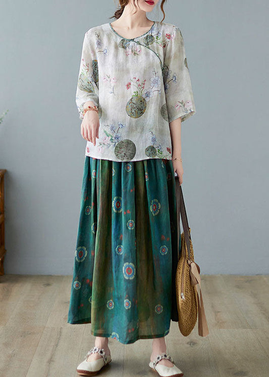 Moderne hellgrüne Bluse mit Rundhalsausschnitt und Print, Frühlings-Top