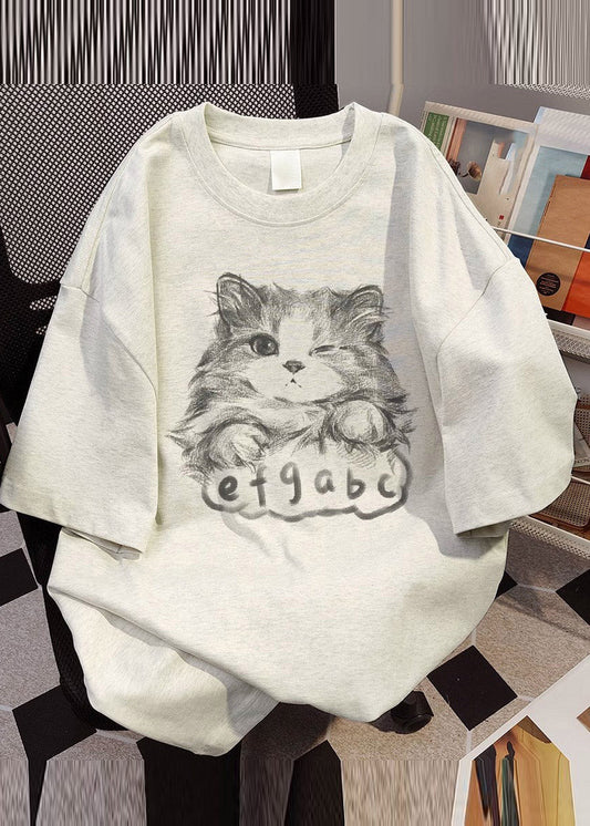 Modern Light Grey O-Neck Animal Print T Shirt Summer