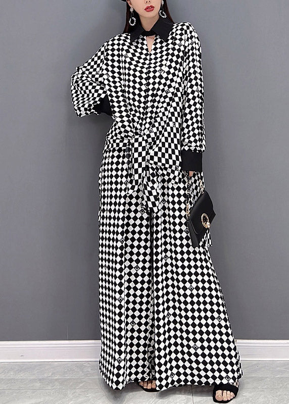 Moderne hellgraue Patchwork-Chiffonhemden mit Peter-Pan-Kragen und weiten Hosen, zweiteiliges Anzugset mit langen Ärmeln