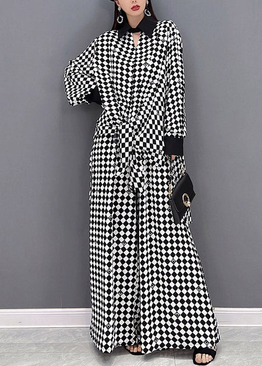 Moderne hellgraue Patchwork-Chiffonhemden mit Peter-Pan-Kragen und weiten Hosen, zweiteiliges Anzugset mit langen Ärmeln