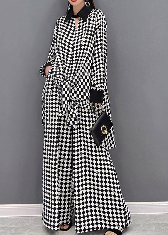 Moderne hellgraue Patchwork-Chiffonhemden mit Peter-Pan-Kragen und weiten Hosen, zweiteiliges Anzugset mit langen Ärmeln