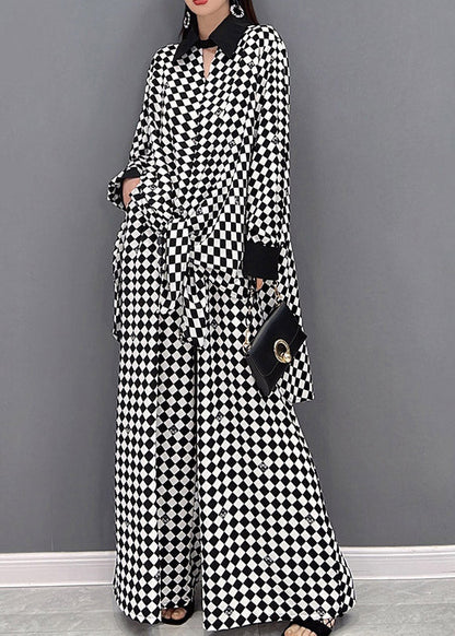 Moderne hellgraue Patchwork-Chiffonhemden mit Peter-Pan-Kragen und weiten Hosen, zweiteiliges Anzugset mit langen Ärmeln