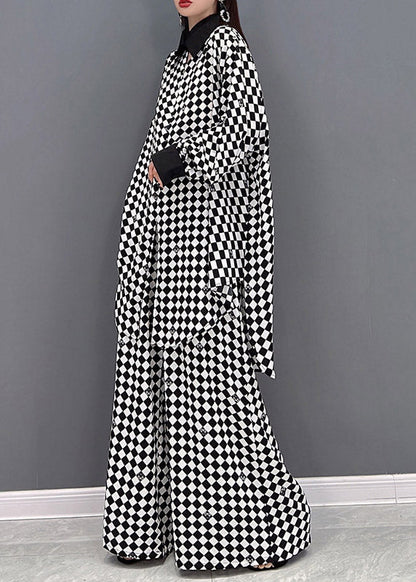 Moderne hellgraue Patchwork-Chiffonhemden mit Peter-Pan-Kragen und weiten Hosen, zweiteiliges Anzugset mit langen Ärmeln