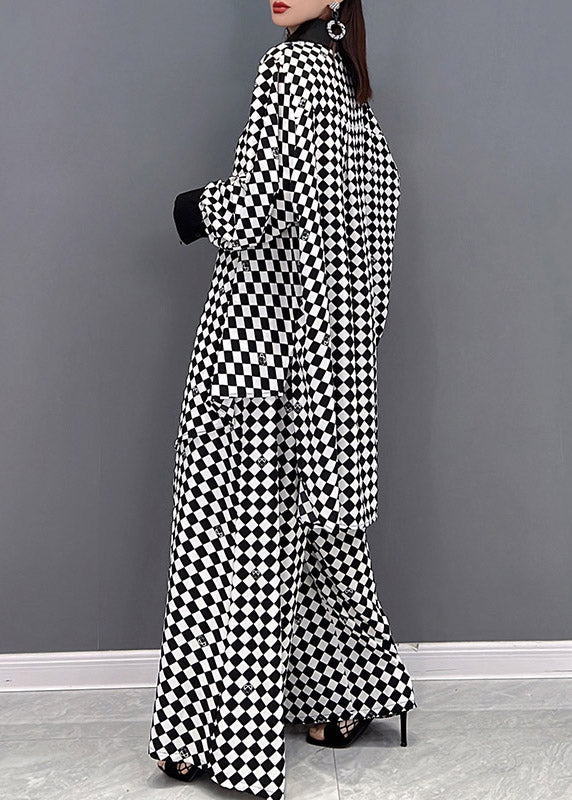 Moderne hellgraue Patchwork-Chiffonhemden mit Peter-Pan-Kragen und weiten Hosen, zweiteiliges Anzugset mit langen Ärmeln