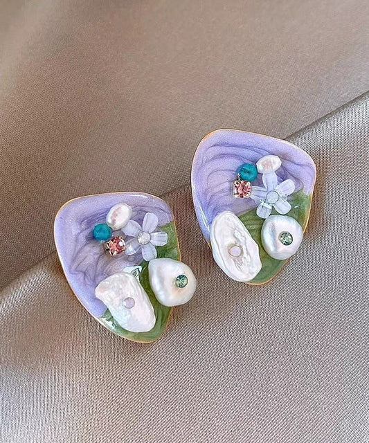 Modern Light Purple Alloy Zircon Floral Rice Beads Stud Earrings