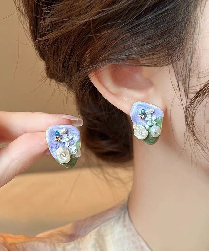 Modern Light Purple Alloy Zircon Floral Rice Beads Stud Earrings